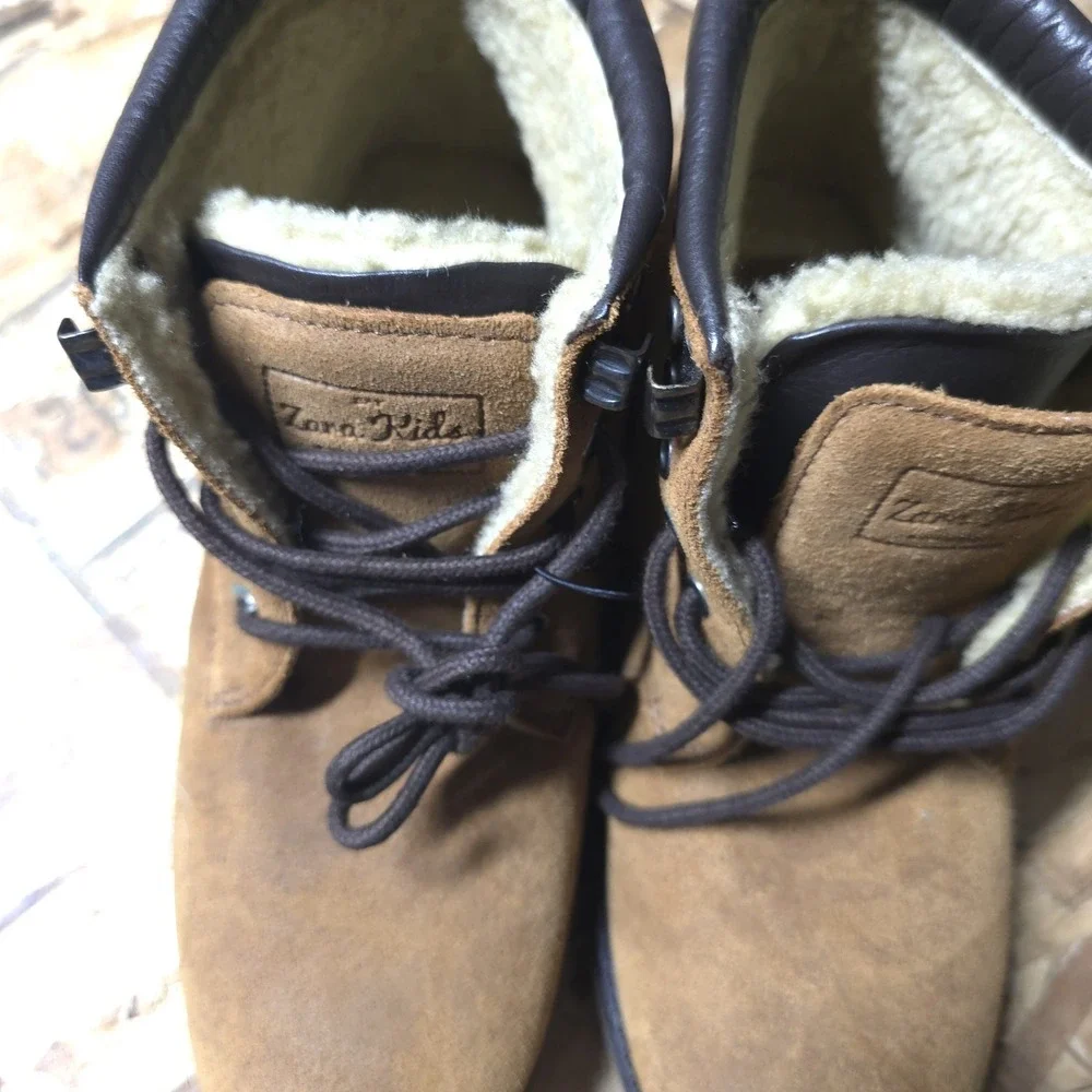 NWT Zara Kids Boys Brown Suede‎ Faux Fur Lined Winter Boots Size 37 EU US 4.5